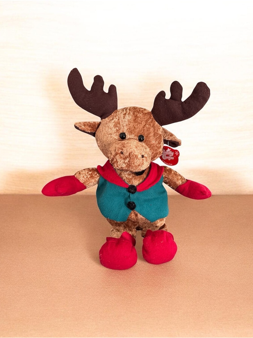 NWT Cuddly Cousins 14” Plush Brown Moose Toy with Teal Vest and Red Accents